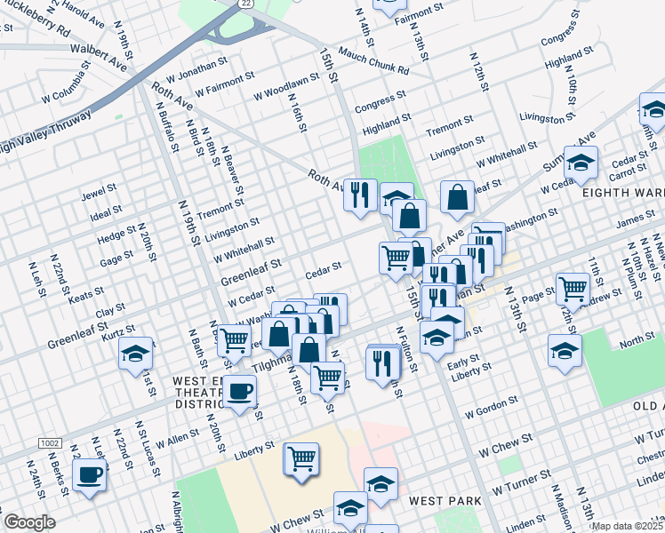 map of restaurants, bars, coffee shops, grocery stores, and more near 1608 Greenleaf Street in Allentown
