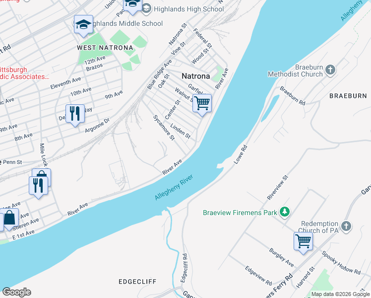 map of restaurants, bars, coffee shops, grocery stores, and more near 17 Sycamore Street in Natrona Heights