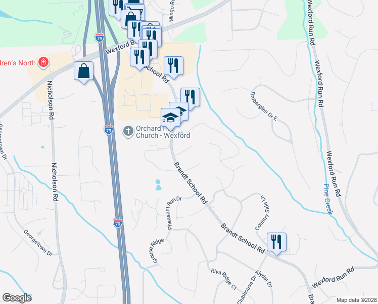 map of restaurants, bars, coffee shops, grocery stores, and more near 1622 Brandtview Court in Wexford