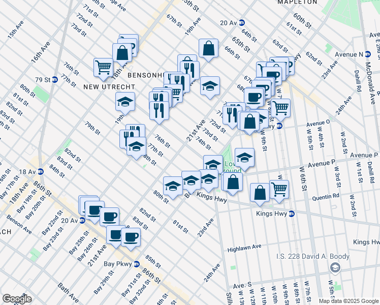 map of restaurants, bars, coffee shops, grocery stores, and more near 2120 Bay Ridge Parkway in Brooklyn