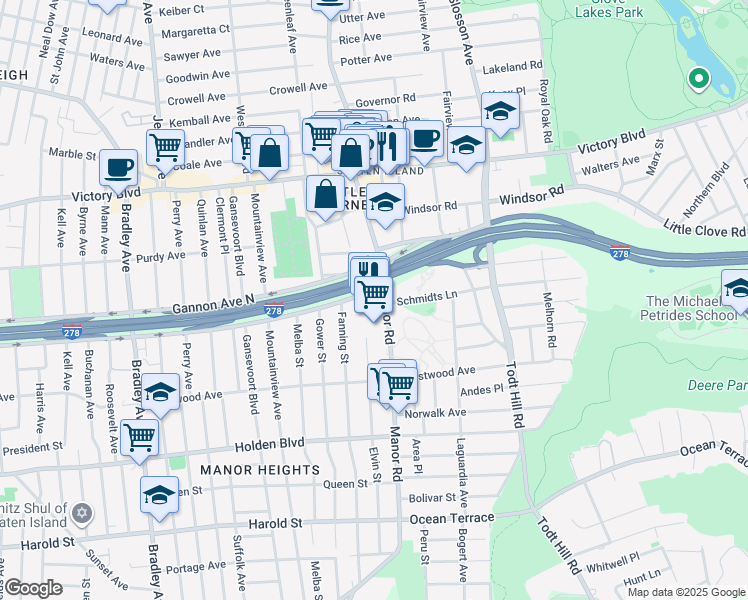 map of restaurants, bars, coffee shops, grocery stores, and more near 215 Schmidts Lane in Staten Island