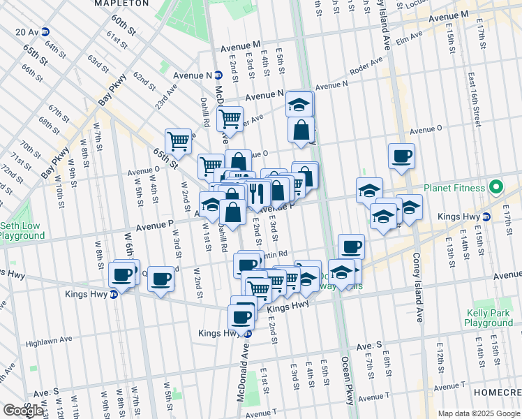map of restaurants, bars, coffee shops, grocery stores, and more near 431 Avenue P in Brooklyn
