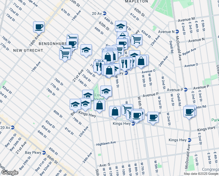 map of restaurants, bars, coffee shops, grocery stores, and more near 1527 West 11th Street in Brooklyn