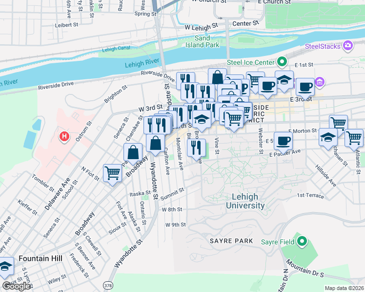 map of restaurants, bars, coffee shops, grocery stores, and more near 436 Boyer Street in Bethlehem