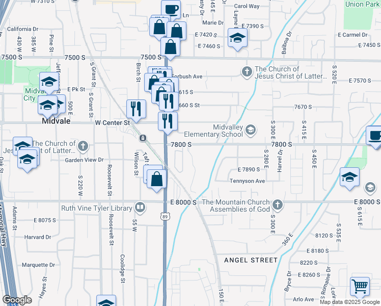 map of restaurants, bars, coffee shops, grocery stores, and more near 7840 Candlestick Lane in Midvale
