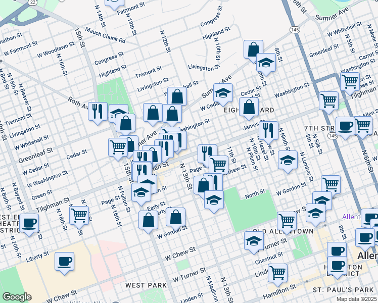 map of restaurants, bars, coffee shops, grocery stores, and more near 1227 Tilghman Street in Allentown