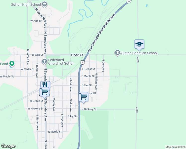 map of restaurants, bars, coffee shops, grocery stores, and more near 351-399 North Phillips Avenue in Sutton
