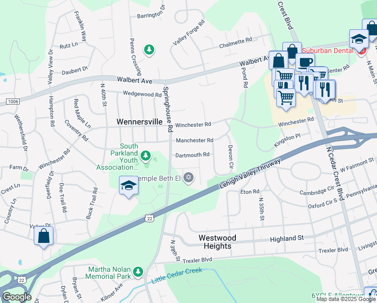 map of restaurants, bars, coffee shops, grocery stores, and more near 3720 Manchester Road in Allentown