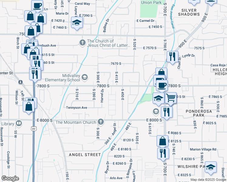 map of restaurants, bars, coffee shops, grocery stores, and more near in Midvale