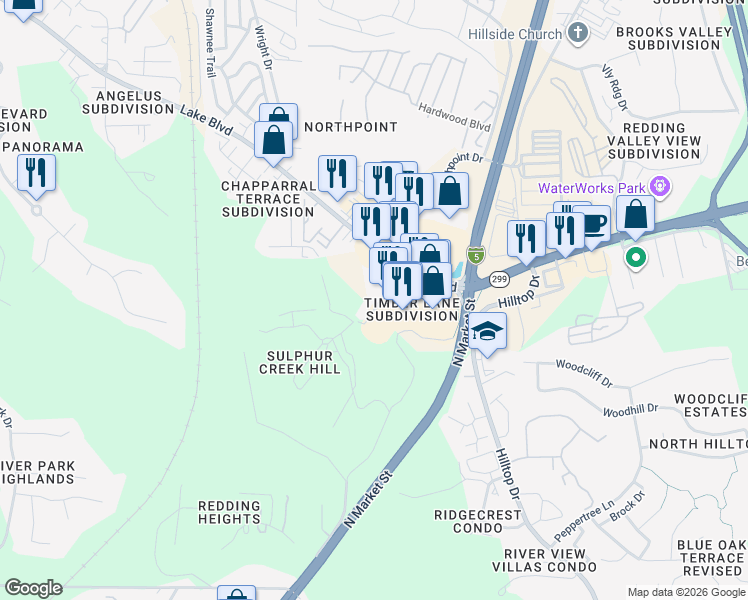 map of restaurants, bars, coffee shops, grocery stores, and more near 110 Masonic Avenue in Redding