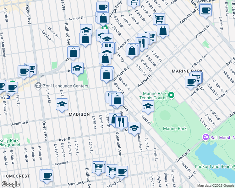 map of restaurants, bars, coffee shops, grocery stores, and more near 1744 Stuart Street in Brooklyn