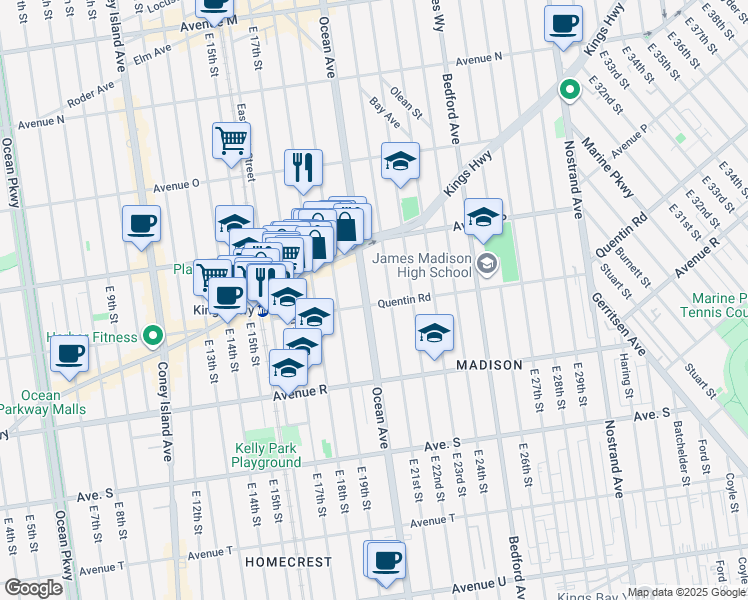 map of restaurants, bars, coffee shops, grocery stores, and more near 2145 Ocean Avenue in Brooklyn