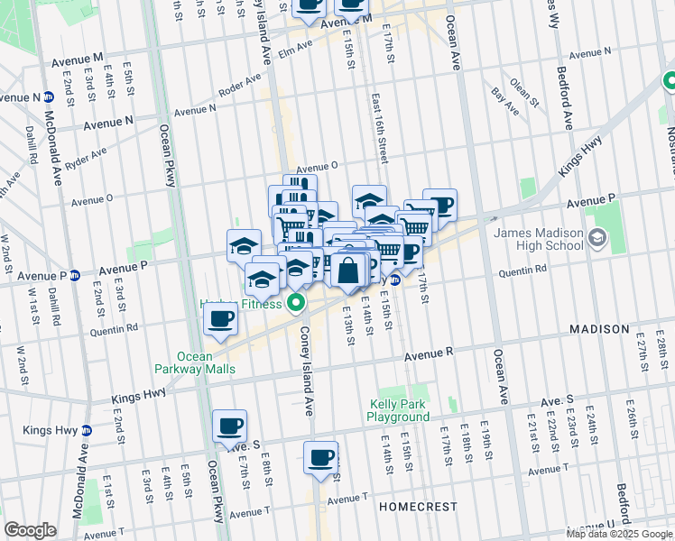 map of restaurants, bars, coffee shops, grocery stores, and more near 1624 East 13th Street in Brooklyn