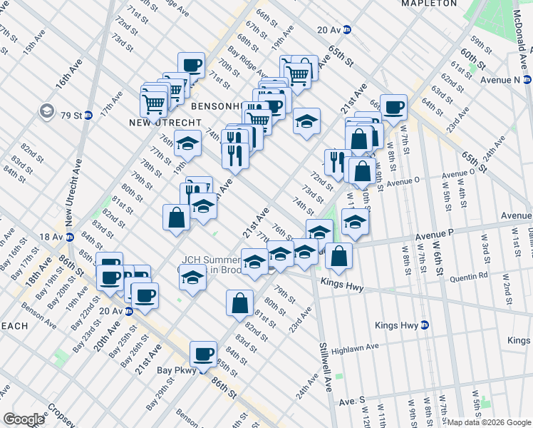map of restaurants, bars, coffee shops, grocery stores, and more near 2065 76th Street in Brooklyn