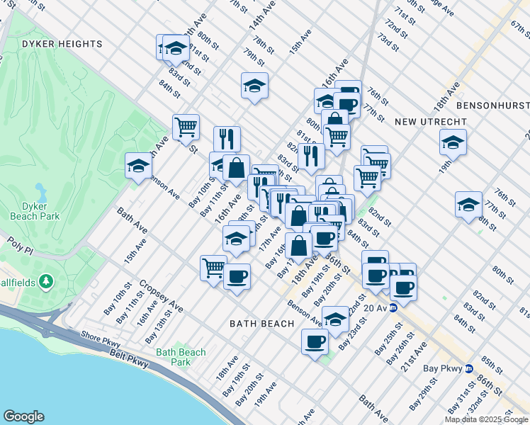 map of restaurants, bars, coffee shops, grocery stores, and more near 1663 86th Street in Brooklyn