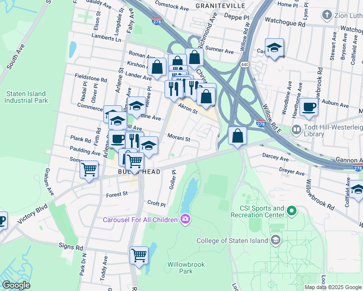 map of restaurants, bars, coffee shops, grocery stores, and more near 45 Richard Lane in Staten Island