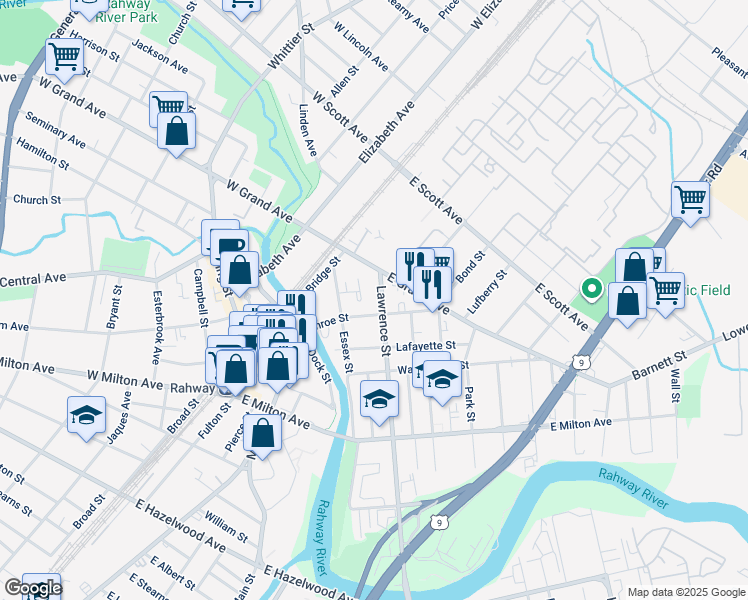 map of restaurants, bars, coffee shops, grocery stores, and more near 169 East Grand Avenue in Rahway