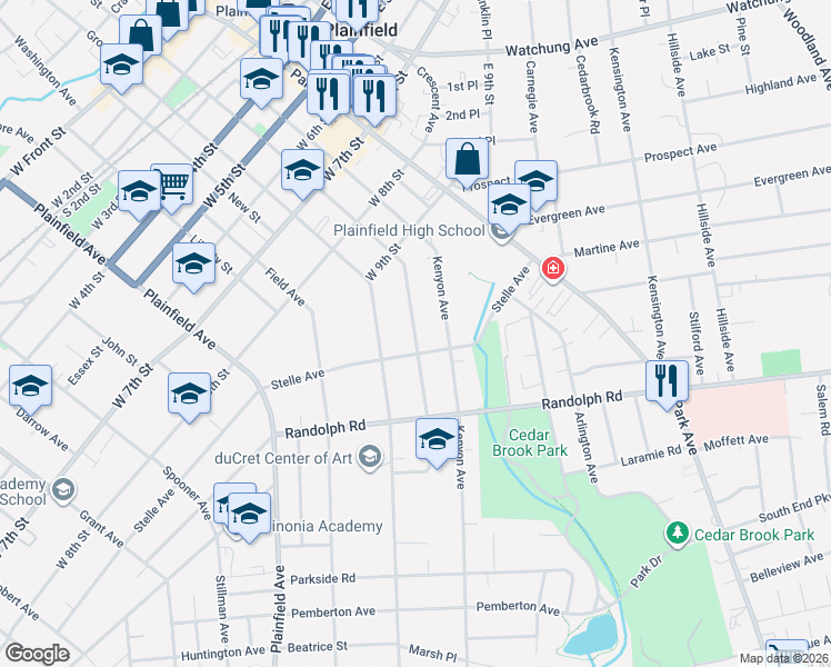 map of restaurants, bars, coffee shops, grocery stores, and more near 952 Kenyon Avenue in Plainfield