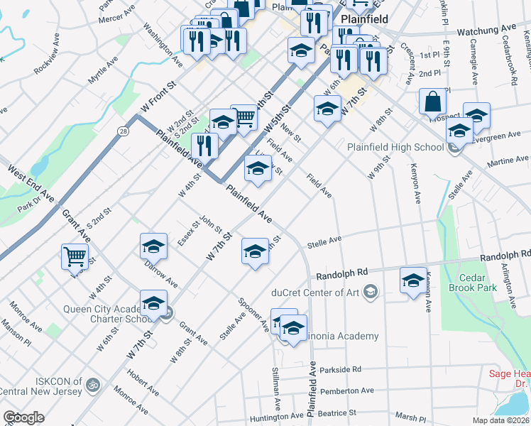 map of restaurants, bars, coffee shops, grocery stores, and more near 542 West 7th Street in Plainfield