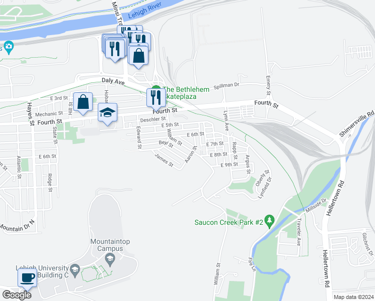 map of restaurants, bars, coffee shops, grocery stores, and more near 646 William Street in Bethlehem
