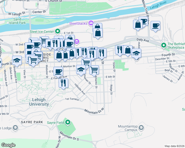 map of restaurants, bars, coffee shops, grocery stores, and more near 752 East 5th Street in Bethlehem