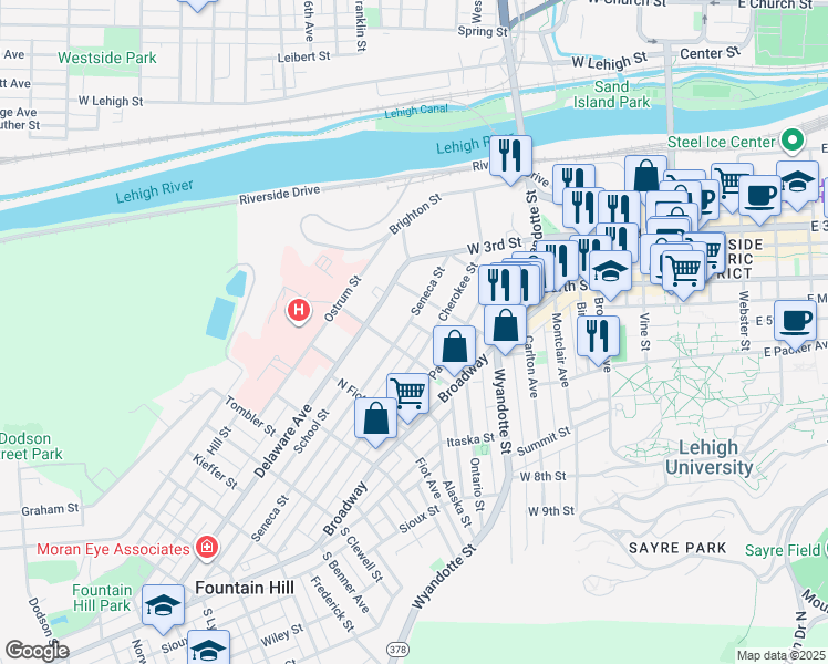 map of restaurants, bars, coffee shops, grocery stores, and more near 512 Seneca Street in Bethlehem