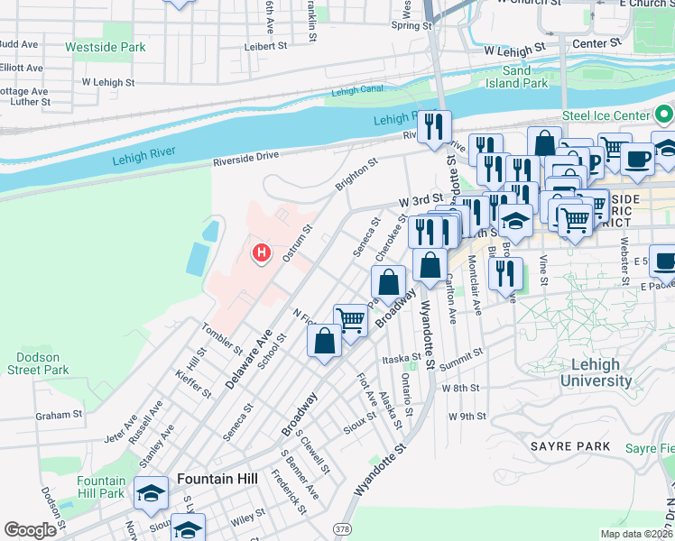 map of restaurants, bars, coffee shops, grocery stores, and more near 618 Delaware Avenue in Fountain Hill