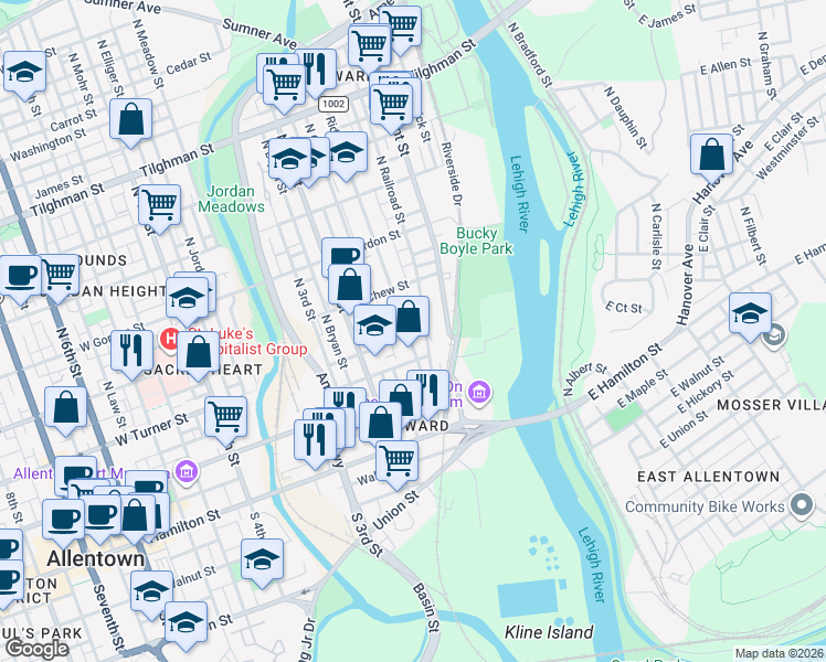 map of restaurants, bars, coffee shops, grocery stores, and more near 220 North Railroad Street in Allentown