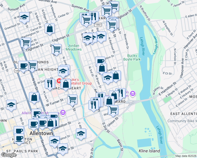 map of restaurants, bars, coffee shops, grocery stores, and more near 246 North 2nd Street in Allentown
