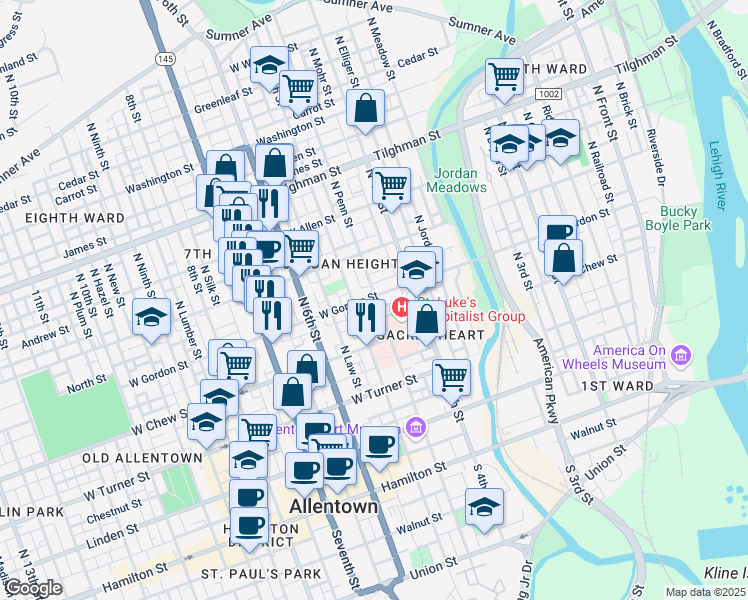 map of restaurants, bars, coffee shops, grocery stores, and more near 429 West Gordon Street in Allentown