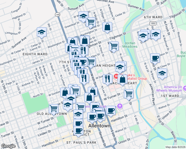 map of restaurants, bars, coffee shops, grocery stores, and more near 439 North 6th Street in Allentown