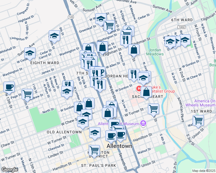 map of restaurants, bars, coffee shops, grocery stores, and more near 439 North 6th Street in Allentown