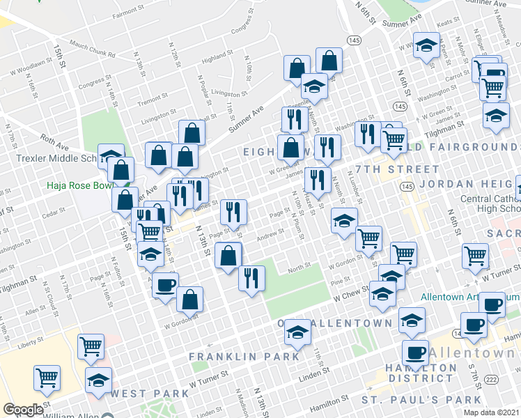 map of restaurants, bars, coffee shops, grocery stores, and more near 1104 State Route 1002 in Allentown