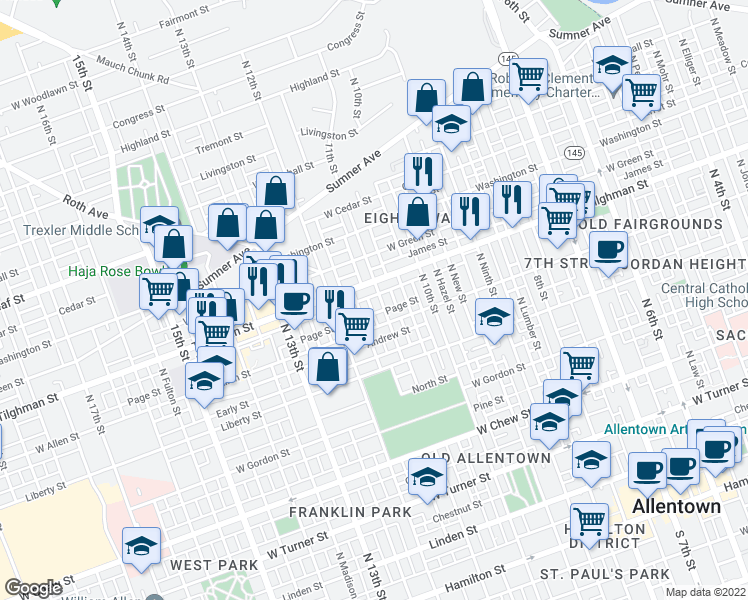 map of restaurants, bars, coffee shops, grocery stores, and more near 1104 State Route 1002 in Allentown