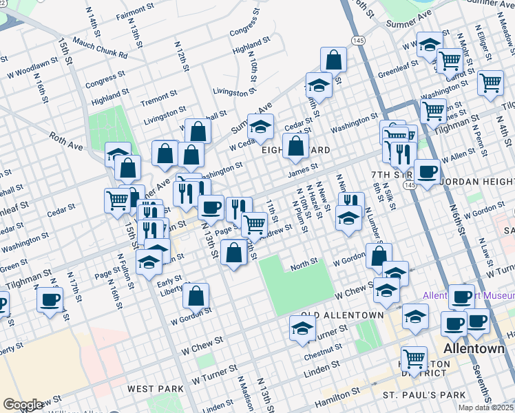 map of restaurants, bars, coffee shops, grocery stores, and more near 1104 State Route 1002 in Allentown