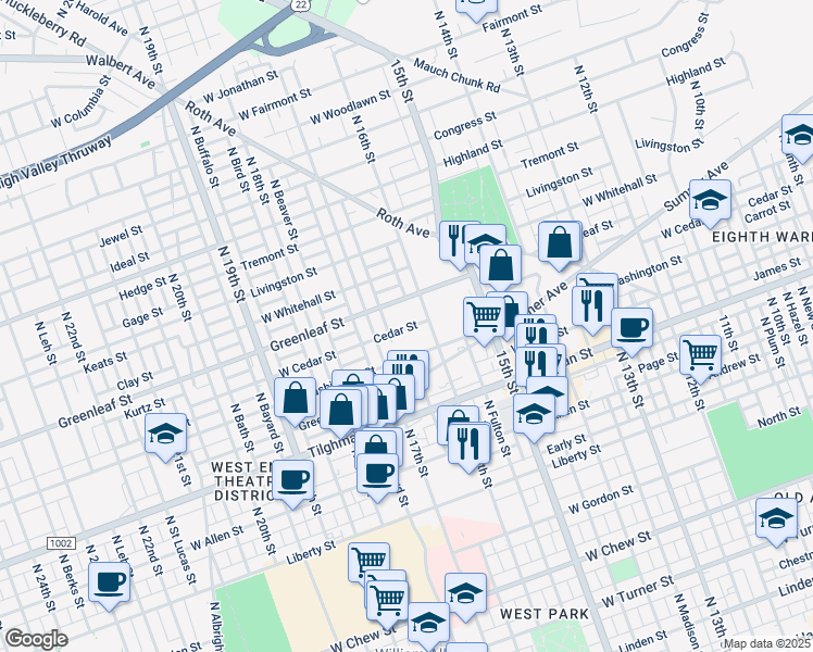map of restaurants, bars, coffee shops, grocery stores, and more near 1608 Greenleaf Street in Allentown