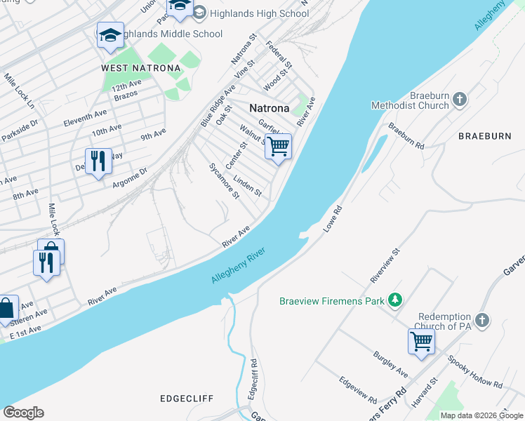 map of restaurants, bars, coffee shops, grocery stores, and more near 127 River Road in Natrona Heights