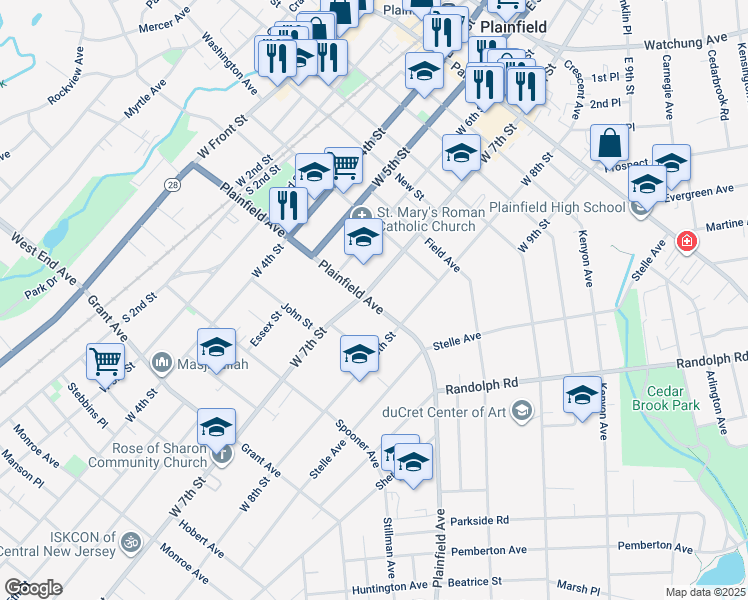 map of restaurants, bars, coffee shops, grocery stores, and more near 542 West 7th Street in Plainfield