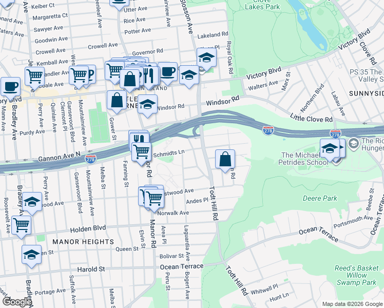 map of restaurants, bars, coffee shops, grocery stores, and more near 159 Schmidts Lane in Staten Island