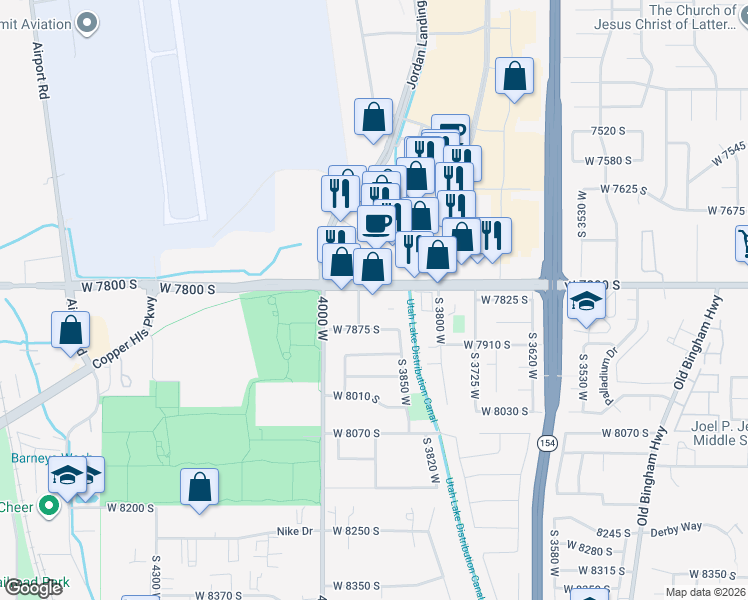 map of restaurants, bars, coffee shops, grocery stores, and more near 3895 West 7800 South in West Jordan