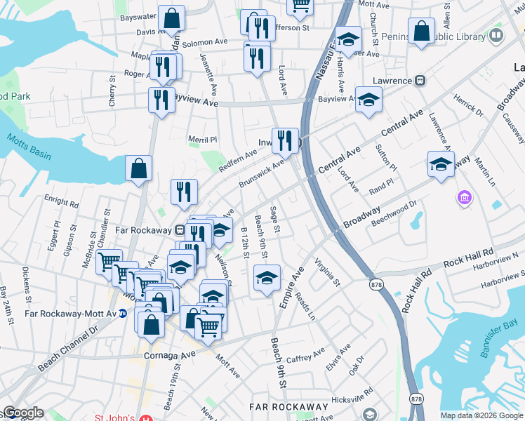 map of restaurants, bars, coffee shops, grocery stores, and more near 870 Central Avenue in Queens