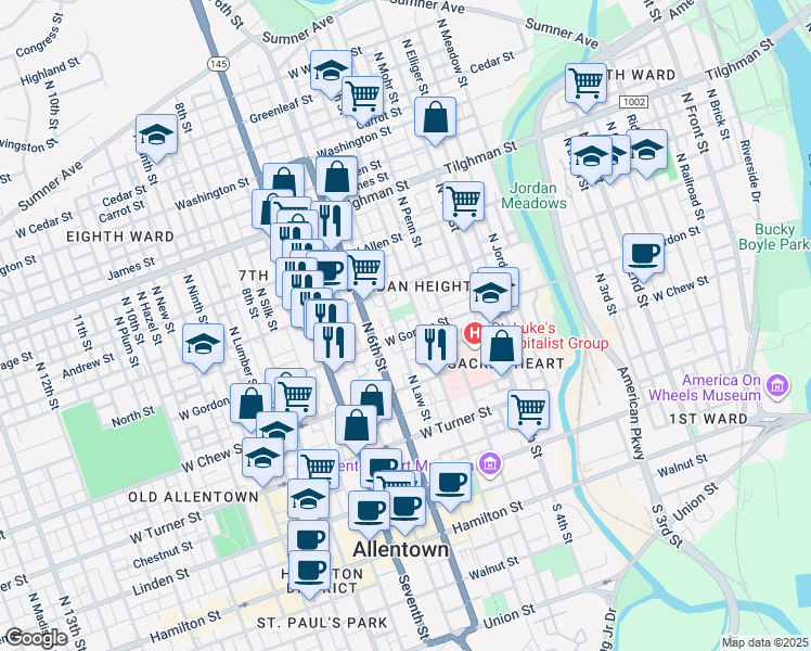 map of restaurants, bars, coffee shops, grocery stores, and more near 515 West Gordon Street in Allentown