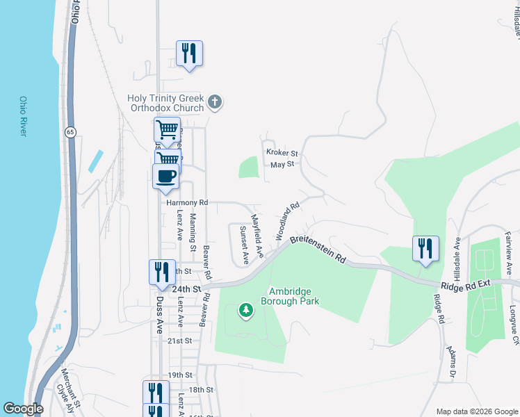 map of restaurants, bars, coffee shops, grocery stores, and more near 1022 Harmony Road in Ambridge