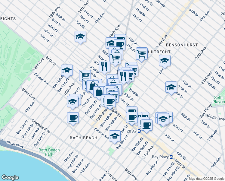 map of restaurants, bars, coffee shops, grocery stores, and more near 1735 84th Street in Brooklyn