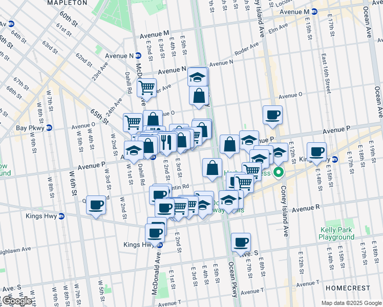 map of restaurants, bars, coffee shops, grocery stores, and more near 1674 East 5th Street in Brooklyn