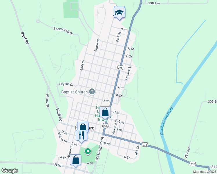 map of restaurants, bars, coffee shops, grocery stores, and more near L Street in Hamburg