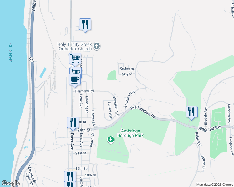 map of restaurants, bars, coffee shops, grocery stores, and more near 1022 Harmony Road in Ambridge