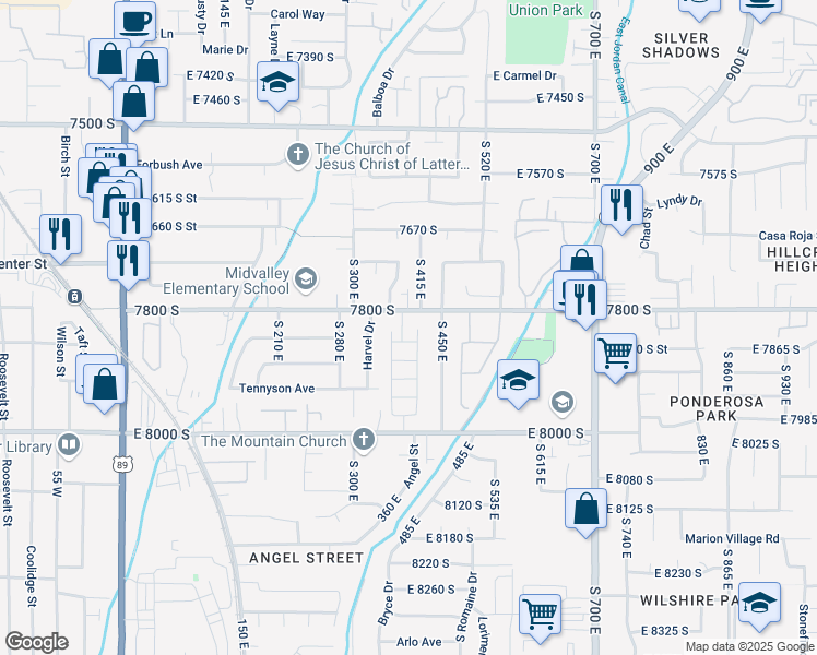 map of restaurants, bars, coffee shops, grocery stores, and more near in Midvale