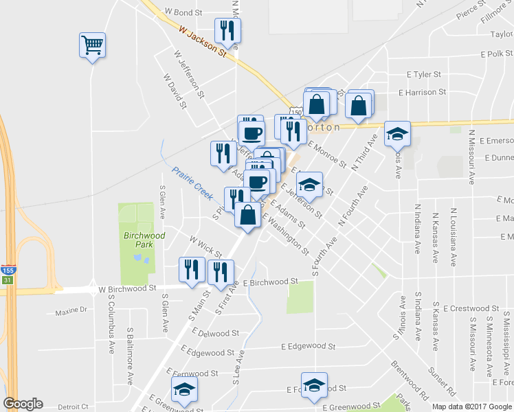 map of restaurants, bars, coffee shops, grocery stores, and more near 213 S Main St in Morton