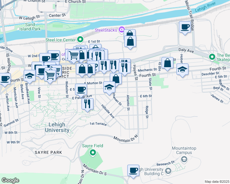 map of restaurants, bars, coffee shops, grocery stores, and more near 513 Buchanan Street in Bethlehem
